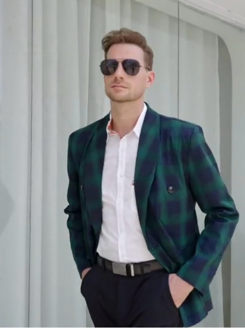 Double-Breasted Green & Black Plaid Blazer - Men - Picture 13 of 13